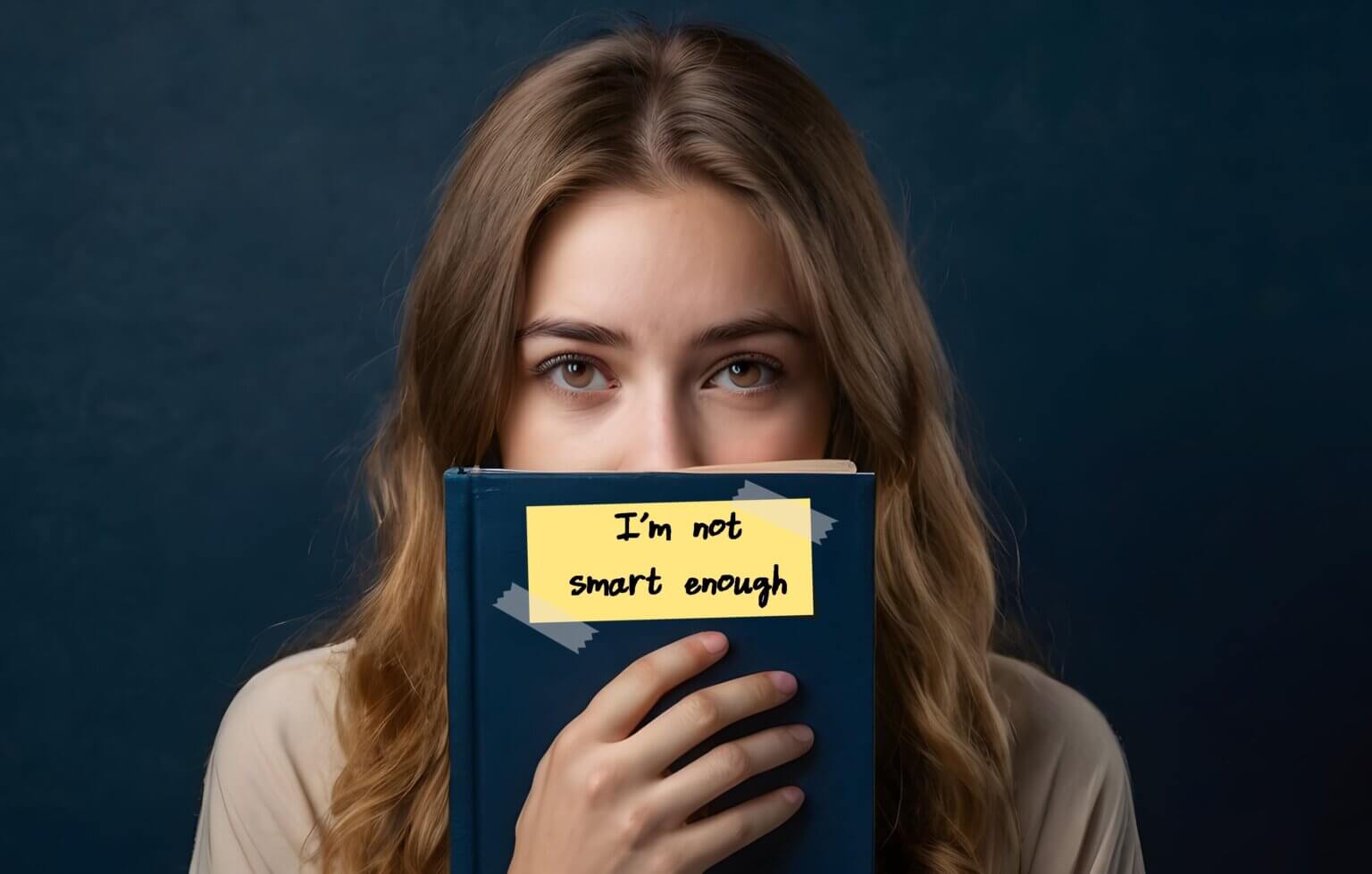 Woman with stick note on book written I AM NOT SMART ENOUGH - concept of Self-doubt or lack of confidence - feeling insecurity - Negative self talk focus on self limitations