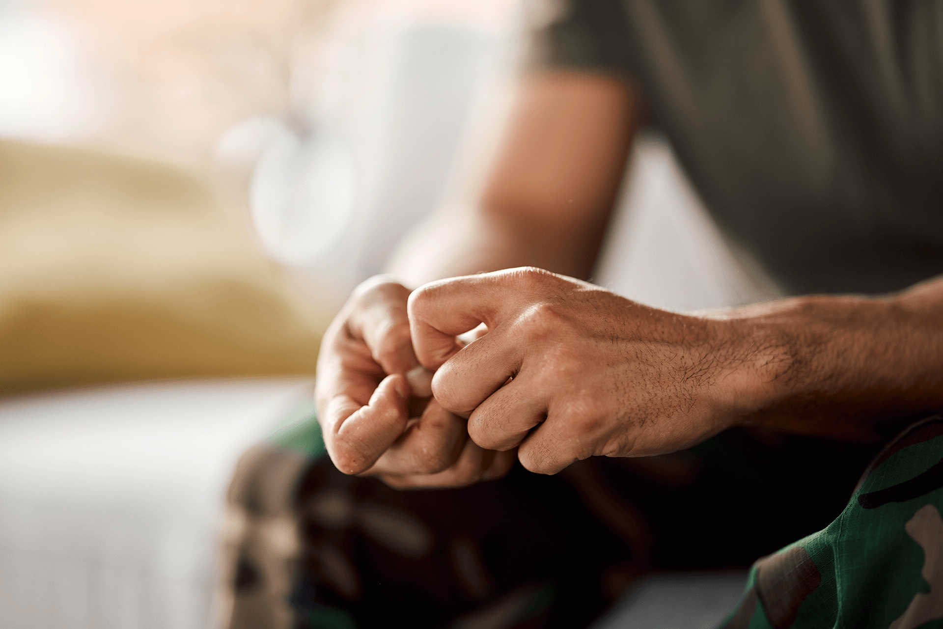 Closeup of person hands, anxiety and mental health problem, therapy and psychology with trauma in an EMDR session.